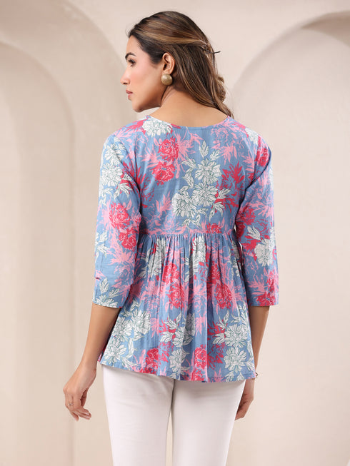 Janasya Women's Blue Pure Cotton Floral Printed A-line Top
